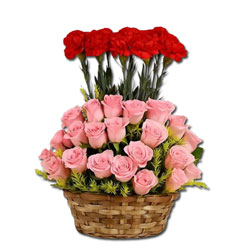 Red Carnations and Pink Roses Basket
